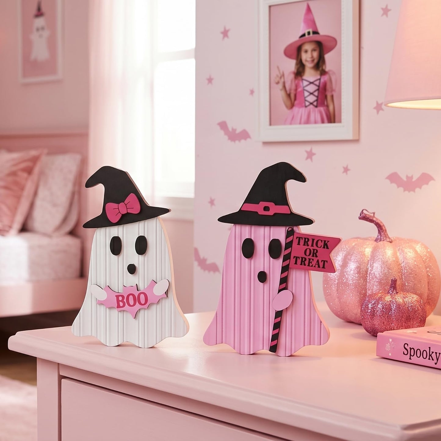 Valery Madelyn Pink Halloween Decorations, Set of 2 Cute Halloween Ghost Decor, Witch Hat Boo & Trick or Treat Wooden Tabletop Signs for Home, Shelf, Tiered Tray Party Display, 5 Inch