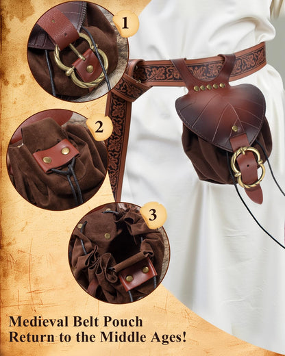 Belt Pouch Waist Bag Fanny Pack Steampunk Phone Holder Medieval Bag Leather Belt Renaissance Cosplay Costume Accessories (Leaf Brown)