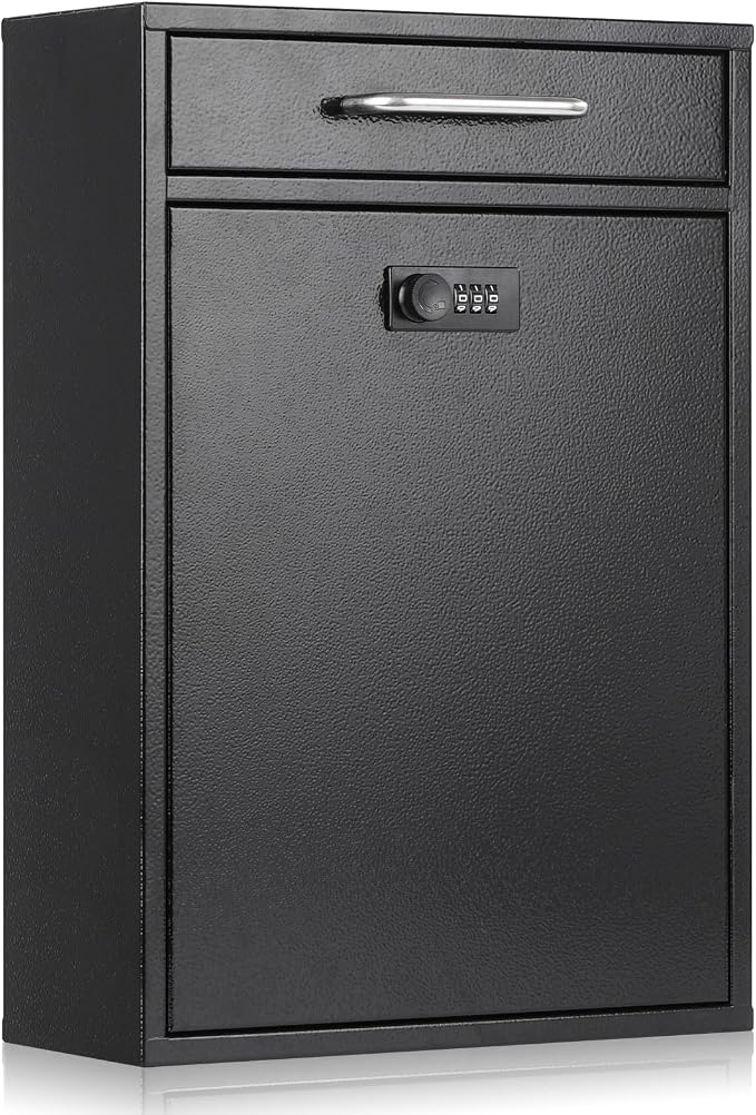 xydled Wall Mount Mailboxes with Combination Lock, Wall Mail Box for Outside, Locking Mailbox with Lock, Hanging Secured Postbox, Security Key Drop Box, 17.6H x 12.2L x 5.7W Inches, Black, XL Large