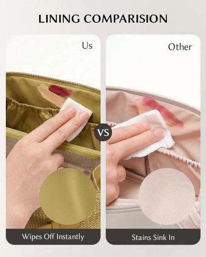 EACHY Makeup Bag, Woven Travel Toiletry Bag, Portable 180° Wide-Open Flat Cosmetic Bags for Women, Large Capacity Makeup Pouch with Divider and Handle