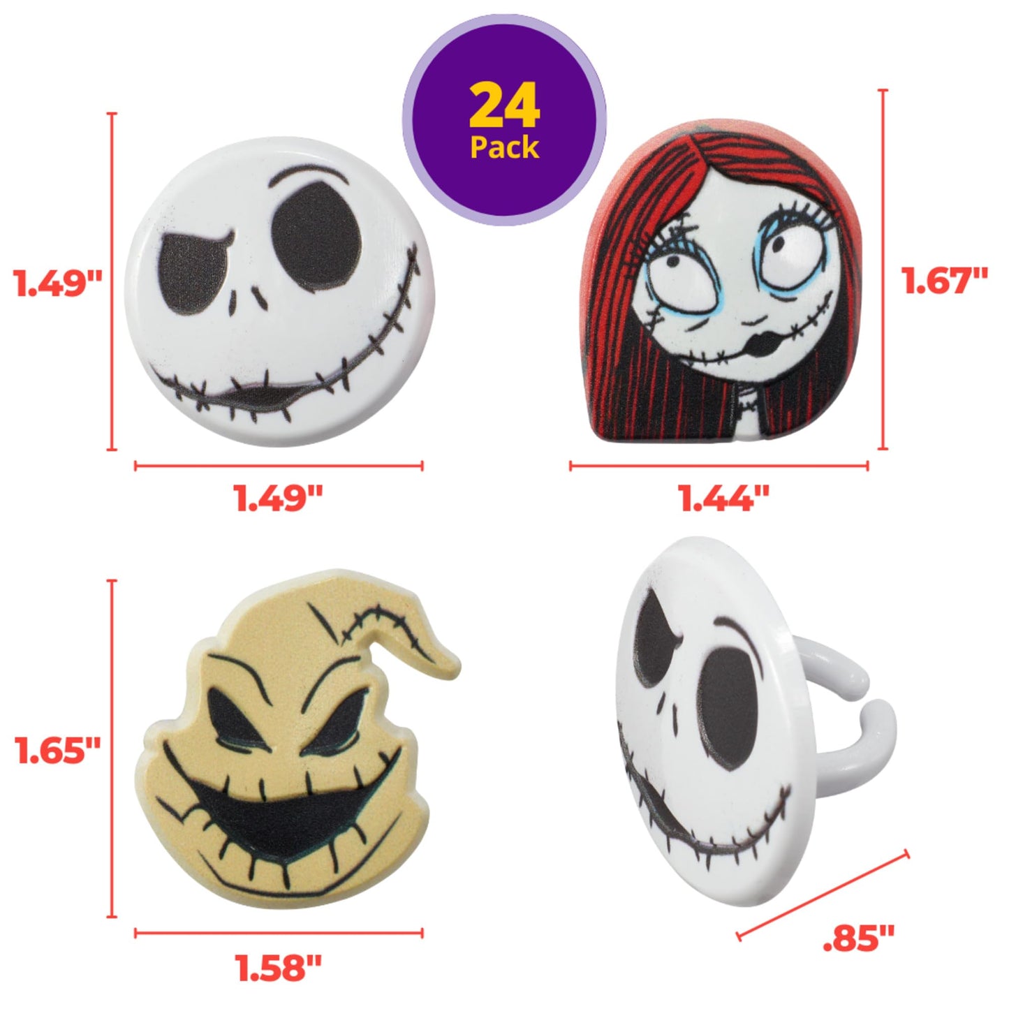 DecoPac The Nightmare Before Christmas Rings, Cupcake Decorations Featuring Jack, Sally, And Oogie Boogy - 24 Pack