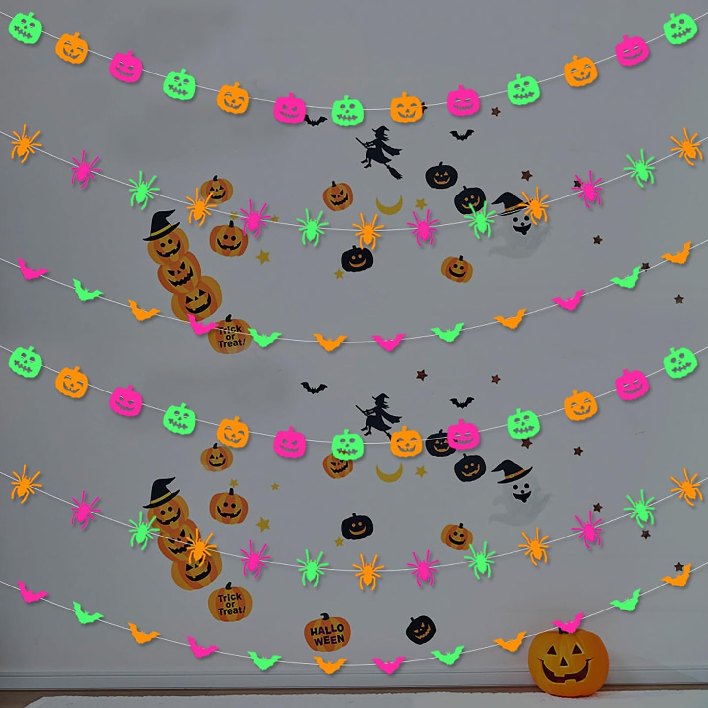 Halloween Party Decorations Neon Banner - 3pcs Glow in The Dark Paper Pumpkin Bats Spiders Hanging Swirls Streamers,Window Fireplace Room Ceiling Garland, Baby Shower Birthday Supplies Decor Panduola