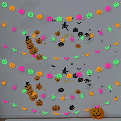 Halloween Party Decorations Neon Banner - 3pcs Glow in The Dark Paper Pumpkin Bats Spiders Hanging Swirls Streamers,Window Fireplace Room Ceiling Garland, Baby Shower Birthday Supplies Decor Panduola