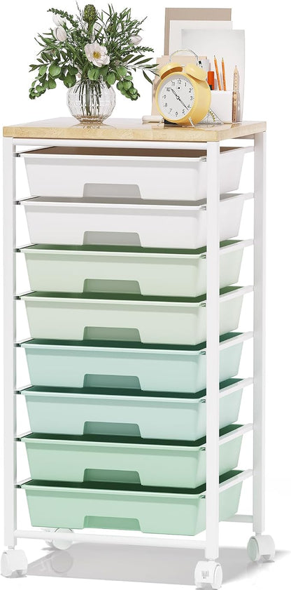 Rolling Cart with 8 Drawers, Storage Drawers Cart with Wooden Tabletop and Lockable Wheels, Craft Storage for Living Room, Office, Classroom, Craft Room, Bedroom