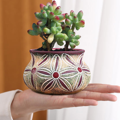 qumHmup Ceramic Succulent Pot with Drainage Hole, Bohemia Rustic Decorative Planter, Set of 2, Indoor Outdoor
