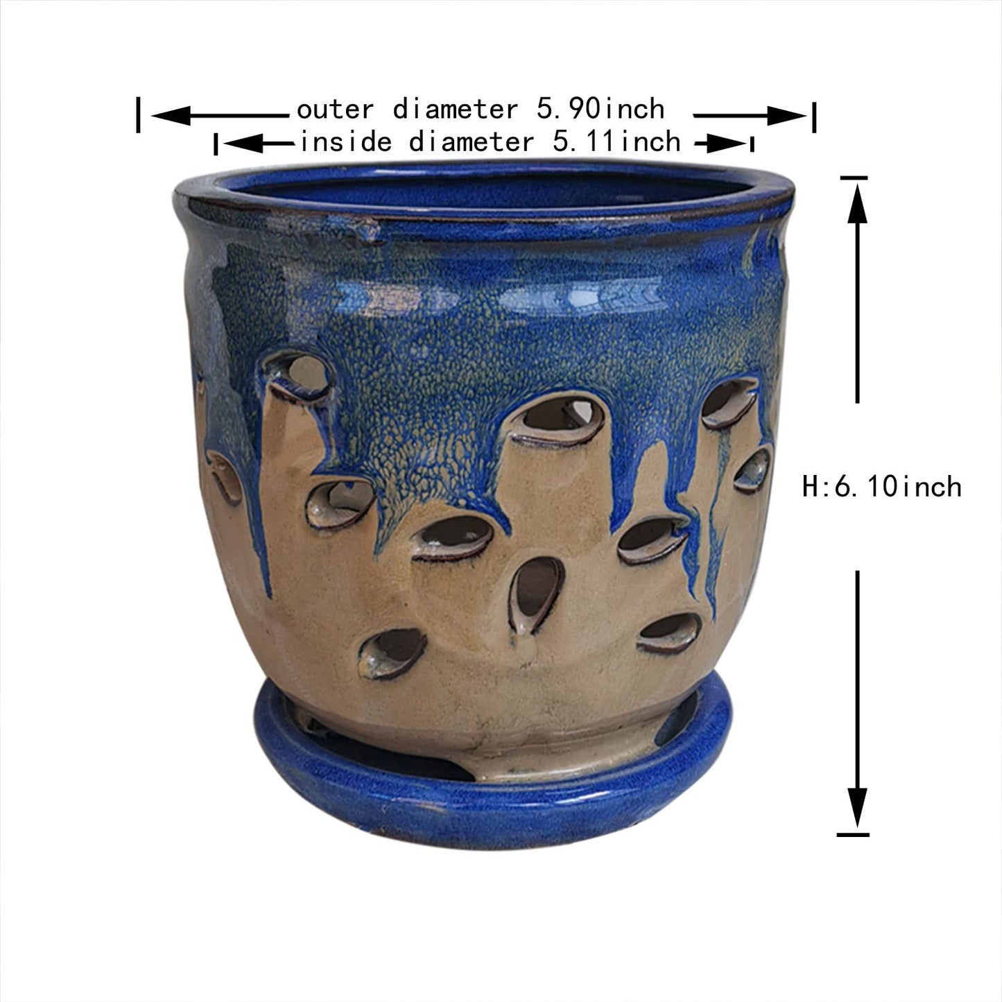 Fowargif Large 6inch Ceramic Orchid pots with Holes, Flower Pot with Saucer for Indoor Plants Home Decorative, Round Planter (Blue+Light Brown)