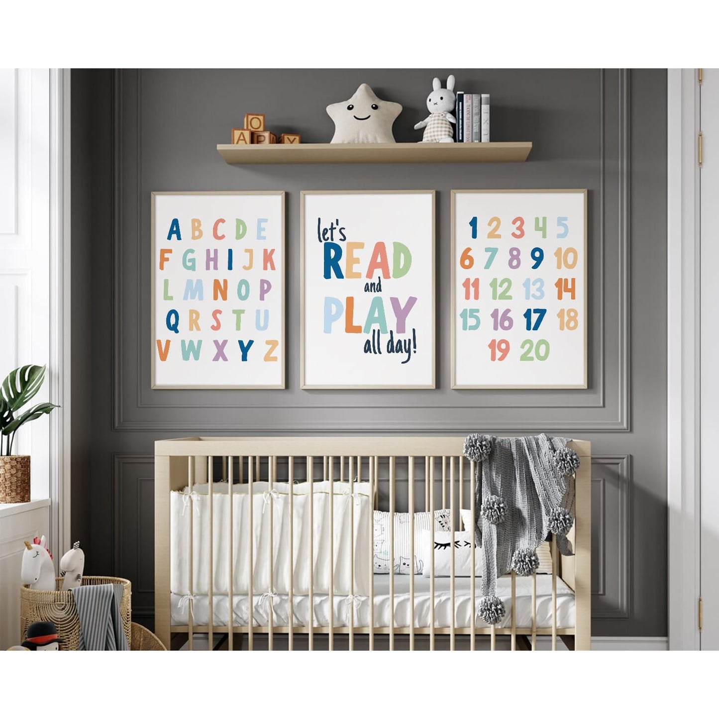 Pennclys Kids Playroom Wall Art Decor Alphabet Poster Play Room Canvas Wall Decor ABC Nursery Wall Art 123 Toddler Poster Let's Read for Boy Girl Room 12x16 Inch Unframed Set of 3