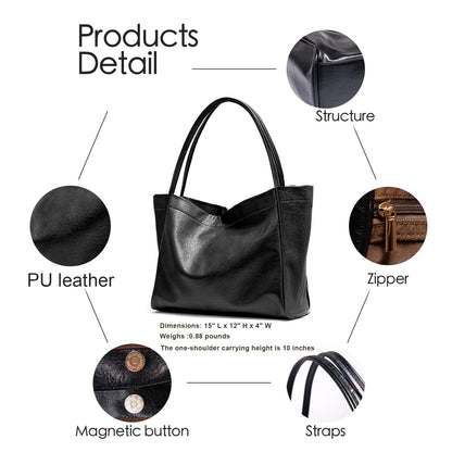 Large Tote Bag for Women Purses for Women Shoulder Bag Durable Vegan Leather Handbag Purse for Women Everyday Work (Black)