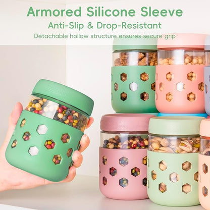 MICEBAY 16oz Overnight Oats Containers with Silicone Sleeves, 4-Pack Wide Mouth Glass Mason Salad Jars with Airtight Lids, BPA-Free Dishwasher Safe Leak-Proof Chia Seed Pudding Jar Meal Prep Container
