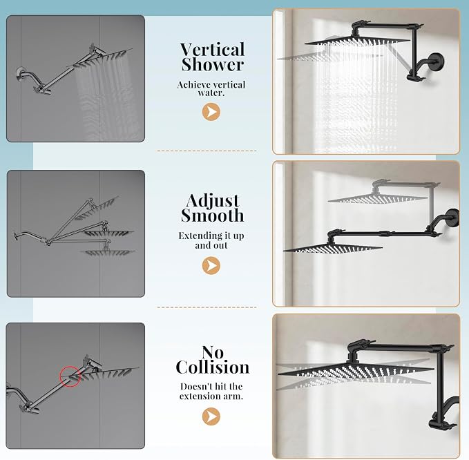 12'' Rain Shower Head with Handheld Spray, Black Shower Head High Pressure with 16'' Flexible Adjustment of Height/Angle Upgraded Extension Arm and 5 Setting Handheld Shower Head with Hose, Anti-leak