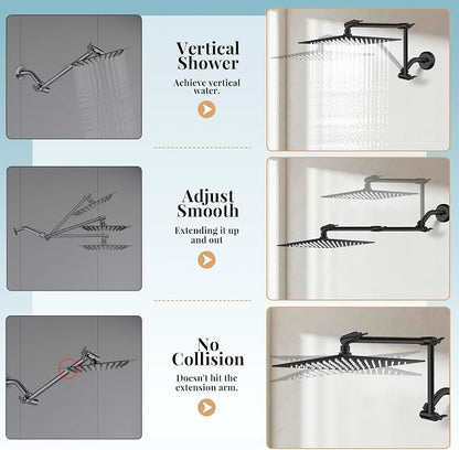 12'' Rain Shower Head with Handheld Spray, Black Shower Head High Pressure with 16'' Flexible Adjustment of Height/Angle Upgraded Extension Arm and 5 Setting Handheld Shower Head with Hose, Anti-leak