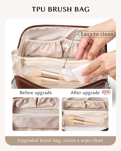Yikisite Makeup Bag, Travel Cosmetic Bags toiletry bag for Women, Waterproof PU Leather Make Up Pouch Organizer Travel Essentials Organizer with Divider (Brown)