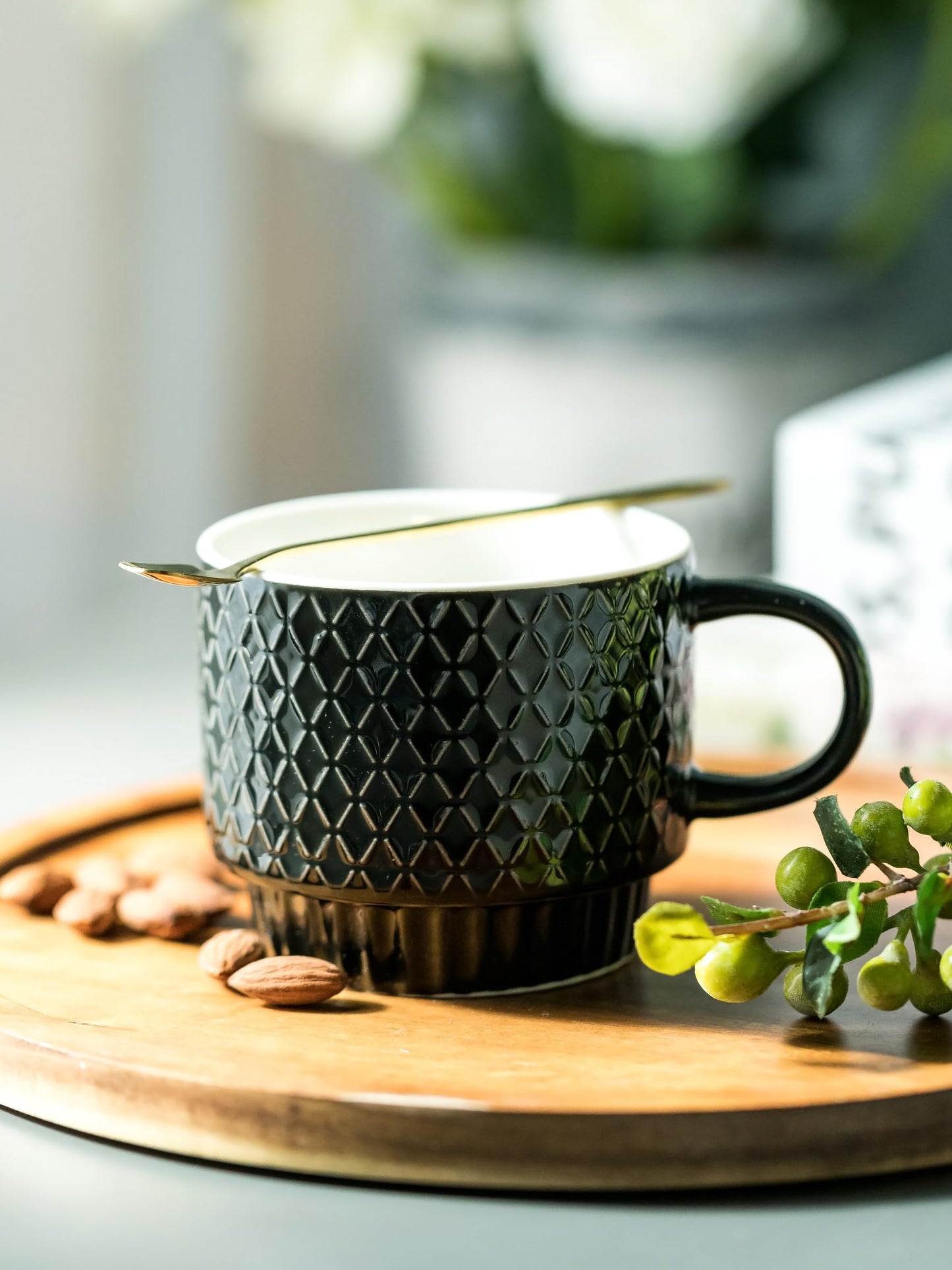 LYEOBOH Stackable Coffee Mugs Set of 4 with Rack & Spoons Coffee Mug Set 13 OZ., Ceramic Embossed Grinding Demitasse Cups Set Cappuccino Cup Halloween for Coffee, Latte, Macchiato, Espresso, Black