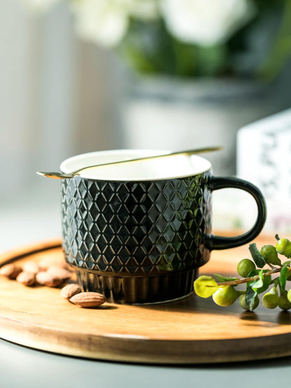 LYEOBOH Stackable Coffee Mugs Set of 4 with Rack & Spoons Coffee Mug Set 13 OZ., Ceramic Embossed Grinding Demitasse Cups Set Cappuccino Cup Halloween for Coffee, Latte, Macchiato, Espresso, Black