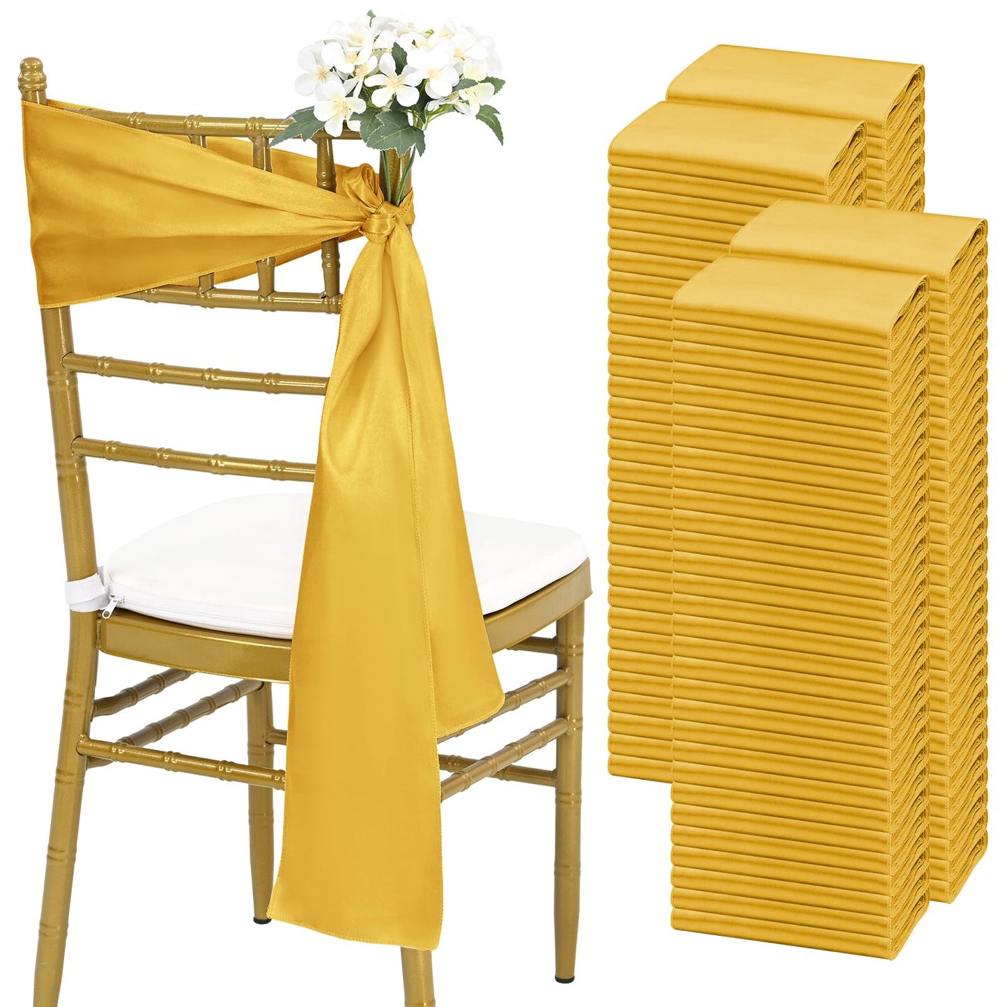 fani 120 PCS Satin Chair Sashes, Bows Designed ChairSashes, 7x78 inch Chair Sashes for Aisle Decorations Universal Chairs Cover Decoration for Wedding Reception Party Banquet (Gold)