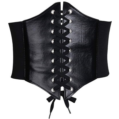 Glamorstar Corset Belt for Women Wide Elastic Tied Waspie Belts Lace-up Leather Waist Belts for Women Dresses 65cm Black