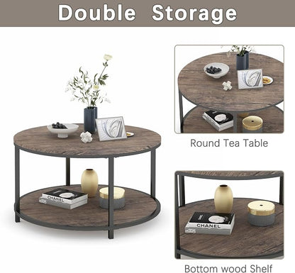 NSdirect Round Coffee Table, 27.5" Small Coffee Table for Living Room,2-Tier Rustic Wood Desktop with Storage Shelf Modern Design Home Furniture(Light Walnut)