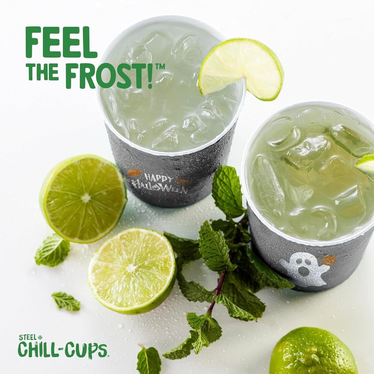 Steel Chill Cups 16 oz. Party Cups 'Happy Halloween' Ghost Design for Cold Drinks, Durable, Disposable, Recyclable, Made in USA, Gray, 12 Count