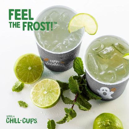 Steel Chill Cups 16 oz. Party Cups 'Happy Halloween' Ghost Design for Cold Drinks, Durable, Disposable, Recyclable, Made in USA, Gray, 12 Count