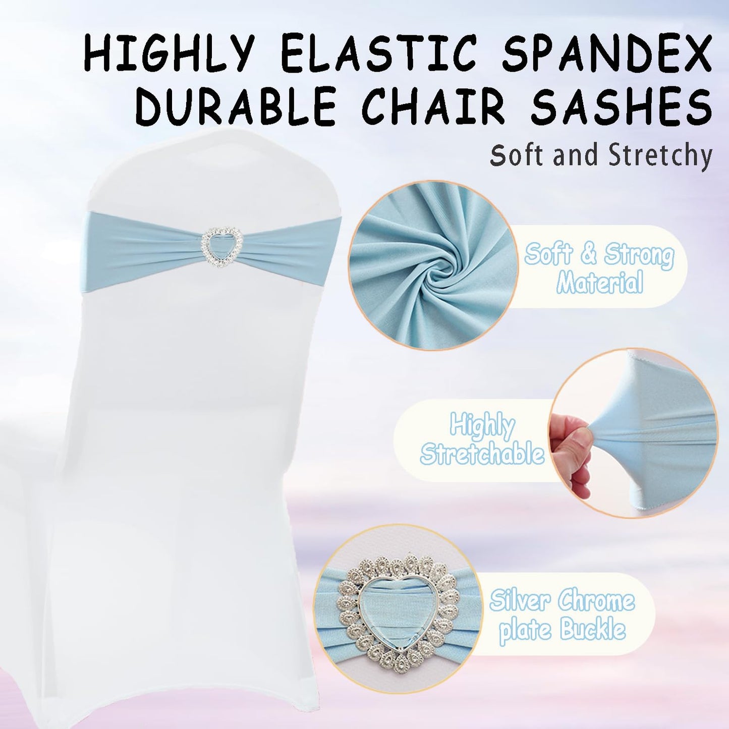 Fbewom Spandex Sky Blue Chair Sashes Bows 50 Pack Stretch Chair Cover Bands with Buckle Slider Elastic Chair Ties for Wedding Banquet Party Event Decoration