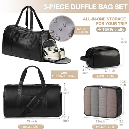 Large 3-in-1 Leather Duffle Bag for Travel Weekender Overnight Hospital Gym Bag for Men & Women, Carry On Airline Approved Personal Item Duffel Garment Bag Luggage with Shoe Compartment & Toiletry Bag