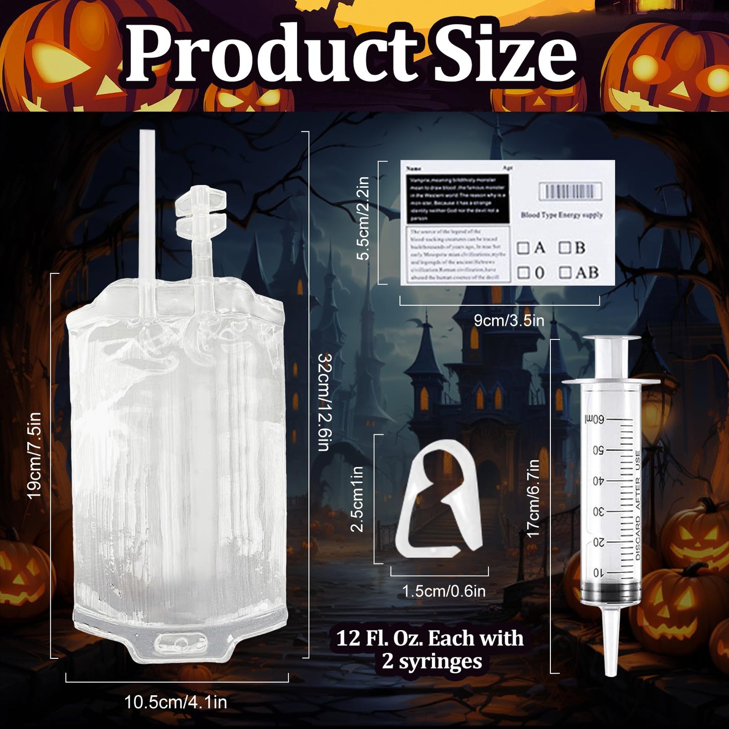 12 Pack Halloween Blood Bag Drink Containers, Reusable IV Blood Bags Pouches for Vampire Cosplay, Nurse, Medical, Horror Party Decorations, Doctor Nursing/RN Graduation, 12 Fl. Oz. Each + 2 Syringes