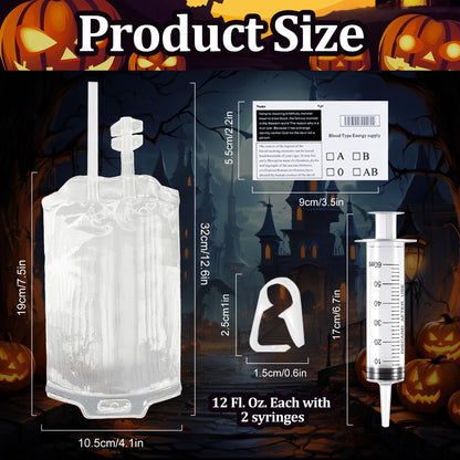 12 Pack Halloween Blood Bag Drink Containers, Reusable IV Blood Bags Pouches for Vampire Cosplay, Nurse, Medical, Horror Party Decorations, Doctor Nursing/RN Graduation, 12 Fl. Oz. Each + 2 Syringes