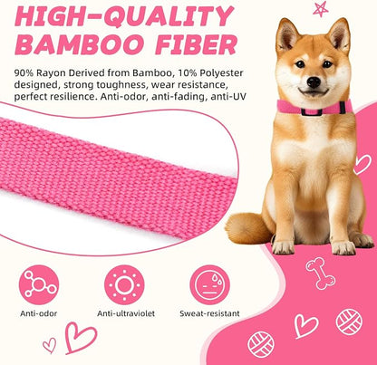 Rose Pink Dog Collar for Small Size Dogs Soft and Breathable of 90% Rayon from Bamboo and 10% Polyester Comfortable Skin-Friendly, Adjustable Collar with Quick Release Buckle