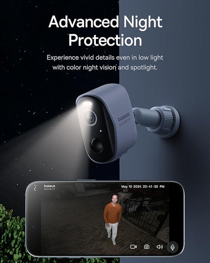 Baseus Security Cameras Wireless Outdoor, N1 2-Cam Kit with True 2K Clarity, No Monthly Fee, 16TB Expandable Local Storage, 210-Day Battery Life, Spotlight & Alarm, Works with Alexa and Google Home