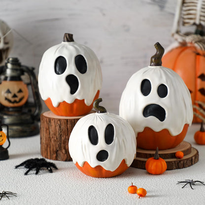 Halloscume 3 Pcs Halloween Ghost Pumpkins Figurines Table Decorations 5.91" 3.94" and 5.12" Resin Pumpkins Statue Tabletop Signs Halloween Decor for Party Shelf Mantel Centerpieces Indoor