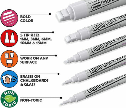 Kassa 5-Pack White Chalk Markers | Includes 1mm, 3mm, 6mm, 10mm & 15mm Tips | Works on Chalkboards, Windows & Glass | Erasable, Dust-Free & Washable | Ideal for Use at Home, School, Office & More
