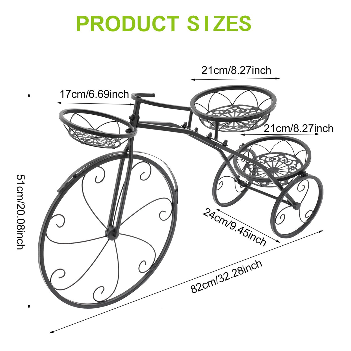 CCXYYFDJ Tricycle Plant Stand, Metal Bicycle Planter with 3 Plant Baskets, 66Lbs Capacity Detachable Bike Flower Pot Cart Holder for Patio Deck Garden Lawn Decorative