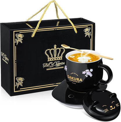 Honeydak Coffee Mug Warmer Cute Cat Mug Set Cup Warmer for Women Heated Coffee Warmers for Mom Home Office Desk Valentine's Day Anniversary Birthday Gifts(Sakura,Black)