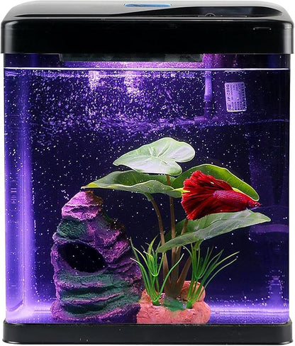 Betta Fish Tank Self Cleaning 2 Gallon Small Aquarium Starter Kits Desktop Room Decor w/LED Light Decorations & Whisper Filters Water Pump (260V2)