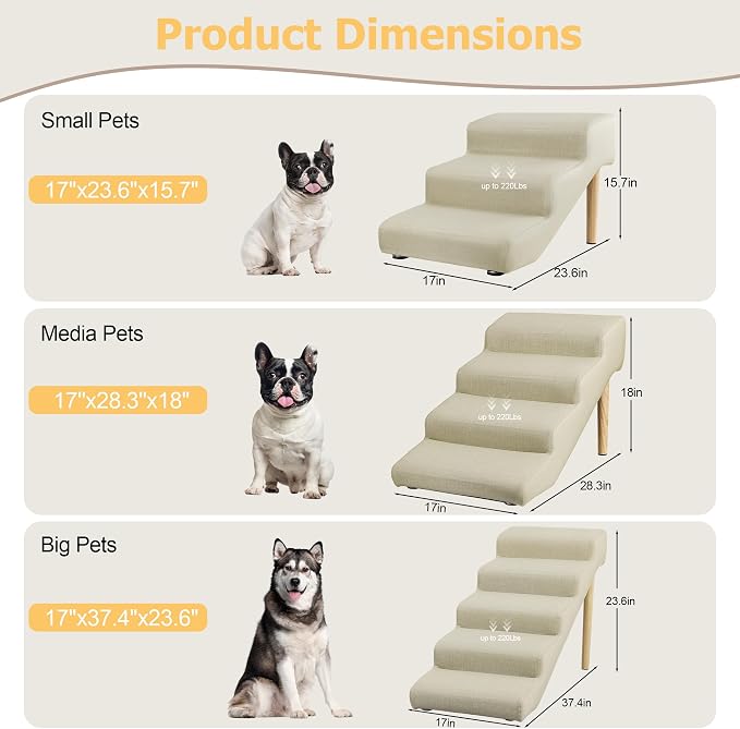 5-Step 23.6" H Dog Stairs for Bed Couch, Waterproof & Scratch PU Leather Pet Steps for Senior Large Dogs and Cats, Dog Ramp with 220 lbs Maximum, Oak Leg & Solid Wood, Non-Slip Feet, Cream