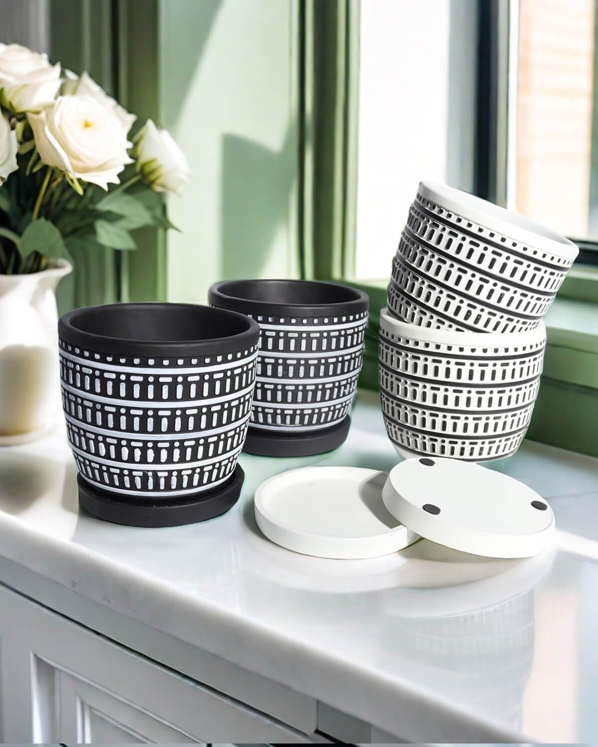 vensovo 5.8 Inch Boho Plant Pots Indoor - Artisanal Succulent Pots with Drainage Holes and Saucer, Cement Pots for Indoor Plants, Flower Pot with Rubber Pot Feet, Set of 2, White Lines and Black