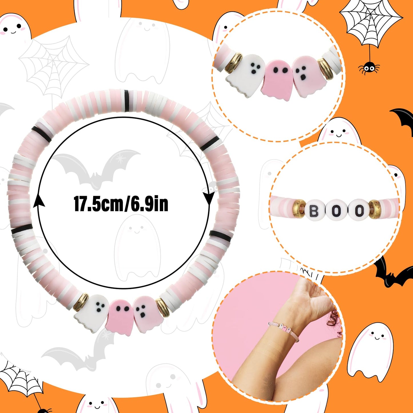 Huquary 48 Pcs Halloween Bracelet Set Party Favors Pink Ghost Boo Clay Bead Bracelets Cute Decorations Clay Ghost Signs for Halloween Gifts for Women Friend Boo Basket Stuffers Goodie Bag Stuffers