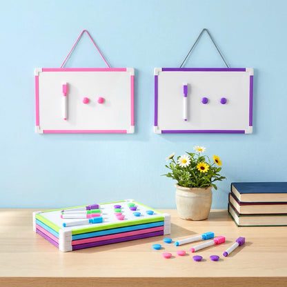 12 Set Hanging Magnetic Dry Erase Board, 11.8" x 7.68" Small Double-Sided Whiteboard Kit for Kids & Classroom, Includes Markers & Magnets (Pink, Blue, Green, Purple)