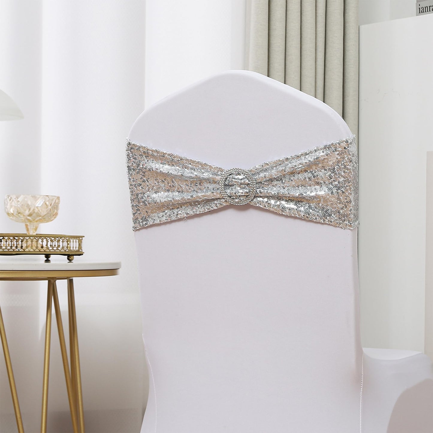 SINSSOWL Pack of 100 Spandex Sequin Silver Chair Sashes for Wedding, Chairs Bands Buckles for Party Folding Chairs Fiesta Baby Shower Christmas Decor - Silver Chair Sash Bows