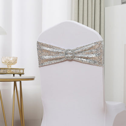 SINSSOWL Pack of 100 Spandex Sequin Silver Chair Sashes for Wedding, Chairs Bands Buckles for Party Folding Chairs Fiesta Baby Shower Christmas Decor - Silver Chair Sash Bows