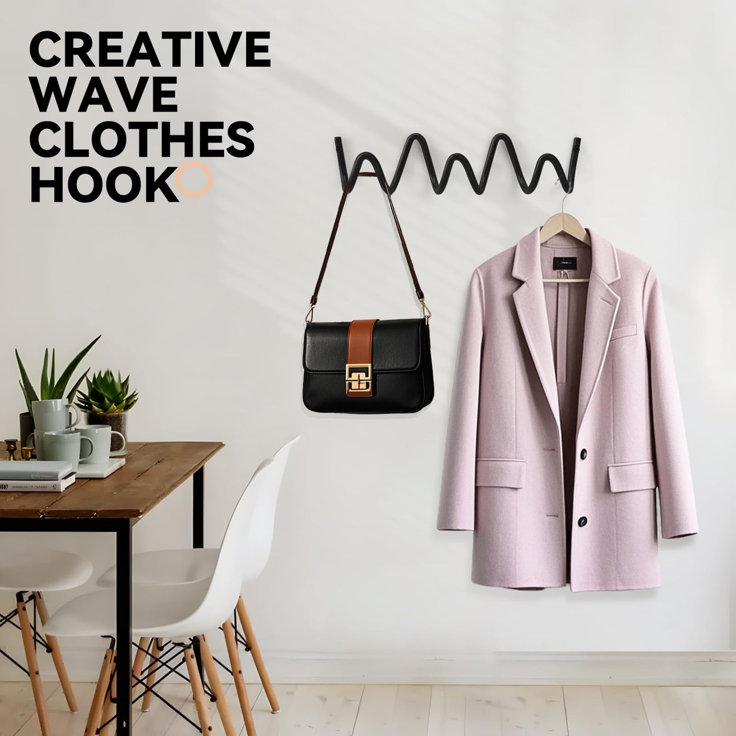 Bumtosc Coat Rack Wall Mount, Creative Wave Wall Hooks 20KG Capacity, Easy Installation, Multi-Purpose Hooks for Coat, Hat, Bag, Umbrella (Black, 29cm x 7.5cm (11.41" x 2.95"))