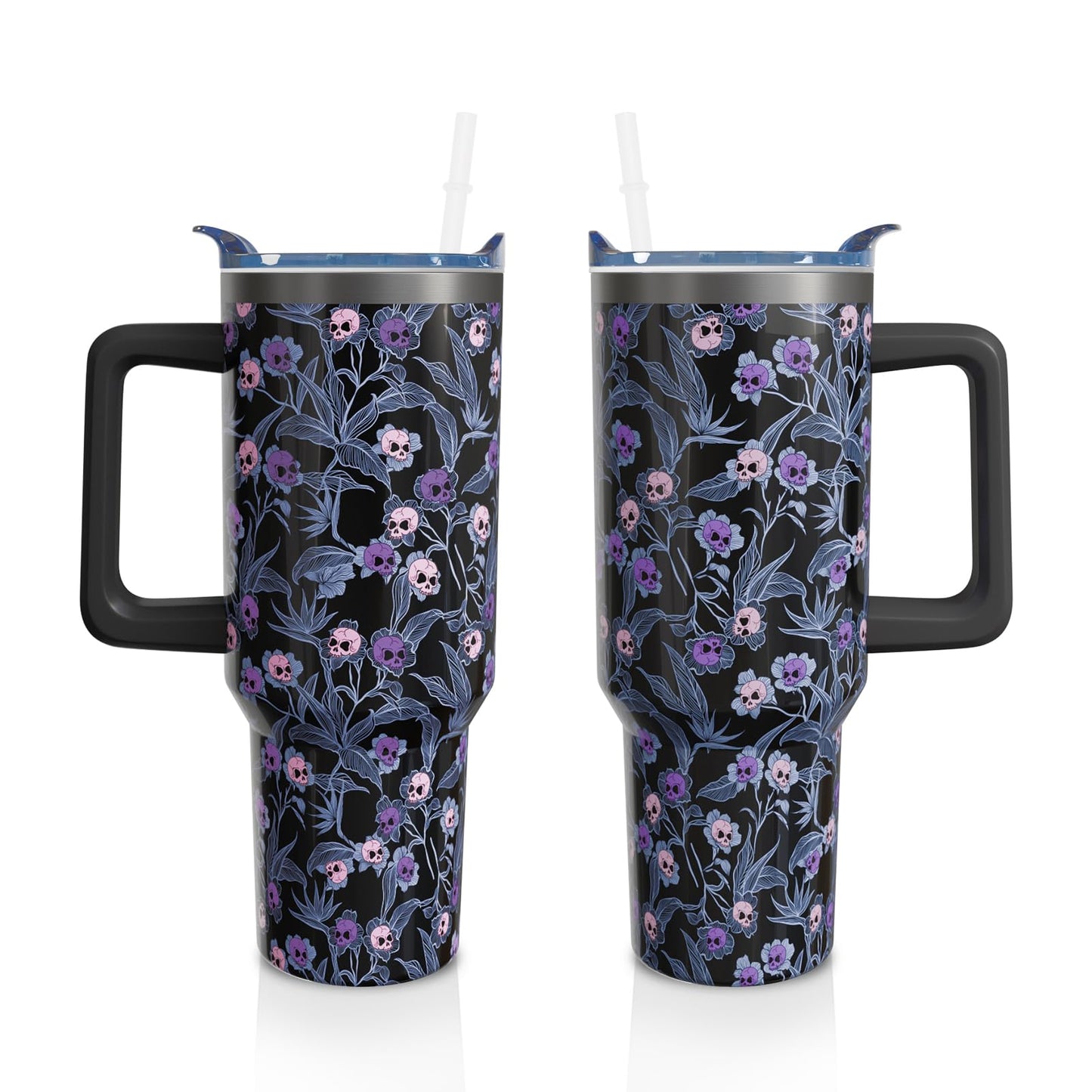 Aokoyi 40oz Halloween Gothic Tumbler with Handle and Straw, Goth Skull Stainless Steel Insulated Cup Water Bottle, Halloween Holiday Gifts for Women Men (1PC)