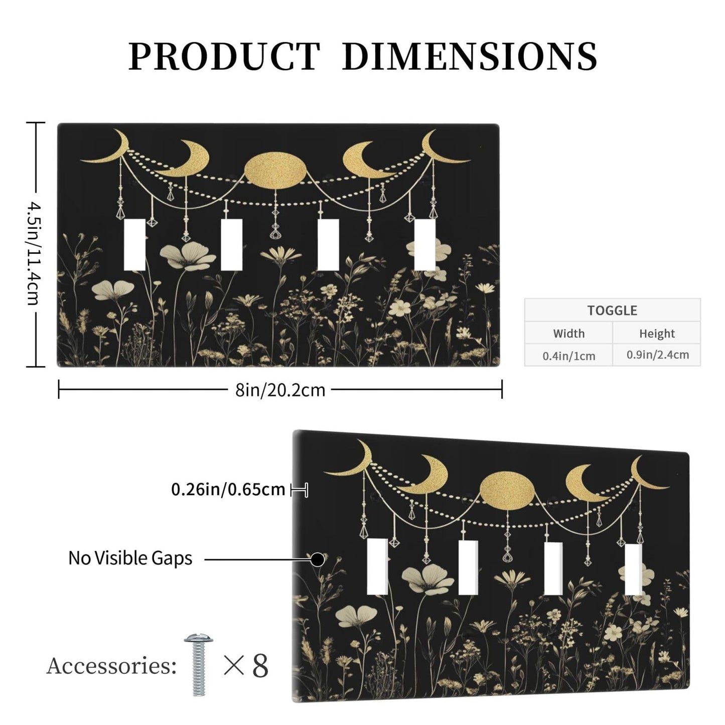 Wildflower Moon Phase Black Gold Dark Floral Rustic Light Switch Covers Quad Toggle Electrical Faceplate 4 Gang Wall Plate Decorative Switch Plates Cover for Bedroom Living Room Decor