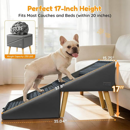 17" H Dog Stairs for Small Dogs – 4-Step Non-Slip Dog Ramp for Couch, Foldable 2-in-1 Pet Stairs & Ottoman, Upgraded Pet Steps for Puppies, Senior Dogs & Injured Pets, Solid Wood Frame (Grey)