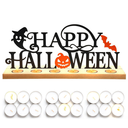 Metal Happy Halloween Sign, Tiered Tray Decor with 18pcs Tealights, Black Halloween Decorations Tea Lights Holders for Home, Office, Shelf, Mantel, Indoor, Table, Spooky Jack-o-lantern Ghost Bat Decor