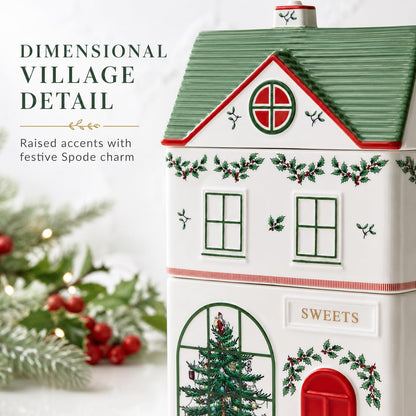 Spode Christmas Village Canister with 3 Compartments - Festive Dolomite Holiday Storage Container for Food, Cookies, Treats, Baking Ingredients- Christmas House Design - Giftable Set for Holidays