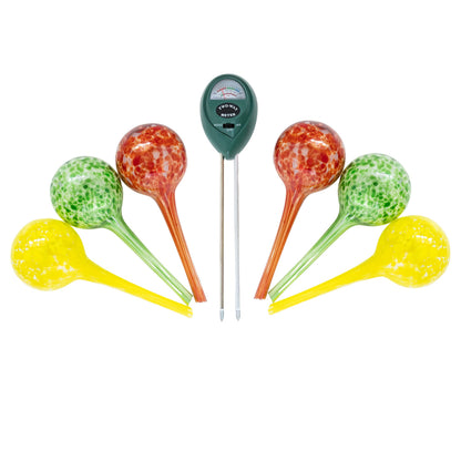 6 Small Plant Watering Globes - Plant Watering Devices - Plant Watering Bulbs - Self Watering Spikes - Hand Blown Glass - Self Watering Planter Insert - Free Moisture Meter - by Cotswold Homeware