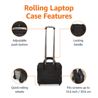 Amazon Basics 15.6" Rolling Laptop Bag for Travel and Business, Briefcase with Wheels, Adjustable Locking Handle, Black