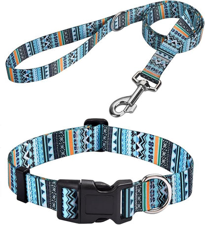 MarukoPet Dog Collar and Leash Set, Adjustable for Small Medium Large Dogs Puppy, Cute Design with Bohemia Floral Tribal Geometric Patterns Boys Girls Dog Collar(Green Bohemia Set,L)