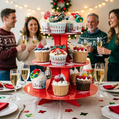 YLDW Cupcake Stand 2Pcs, 3-Tier Cupcake Stand Display, Cardboard Cup Cake Tower Stand, Disposable Dessert Stand for Birthday Tea Party Baby Shower Treat Decorations, Red